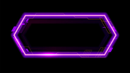 Poster - Purple neon game frame asset, HUD interface overlay template for gaming, streaming or high tech visual. 3d vector futuristic glowing cyberpunk hexagonal border, digital scifi callout title, call box