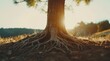 © afterfast - Sunlit tree trunk and exposed roots on a hillside at sunset, showcasing the tree's strong foundation