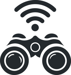 Poster - Binoculars with wifi signal icon in black and white, symbolizing connectivity. Vector illustration