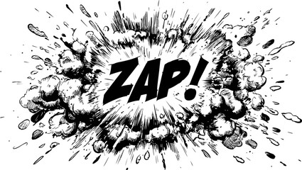 Poster - Comic book style explosion with zap text in black and white drawing. Vector illustration