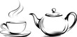 © cac_tus - Black and white sketch of a teapot and cup with rising steam, elegant line art. Vector illustration
