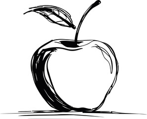 Poster - Black and white sketch of an apple with leaf, artistic line drawing. Vector illustration