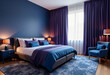 © Julija - A fashionable bedroom showcases rich blue walls and complementary curtains. The inviting atmosphere is enhanced by soft lighting and plush textiles perfect for unwinding Generative AI