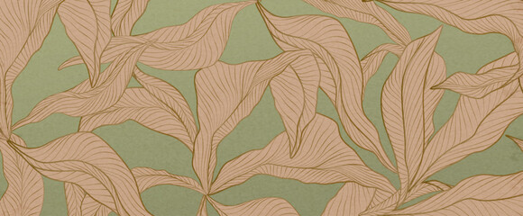 Wall Mural - plant green art background with tropical leaves with line art elements. botanical banner for decor, 