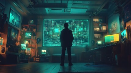 Person observing futuristic digital cityscape on large screen in tech room