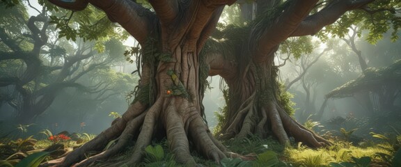 Ancient tree trunk, vibrant exotic vines & leaves, lush jungle foliage, jungle,  tree