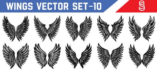 Mystic Angel Wing Vector Collection – Black Feather Clipart for Gothic Tattoo Art, Fantasy Design, and Mythical Creature Illustrations.