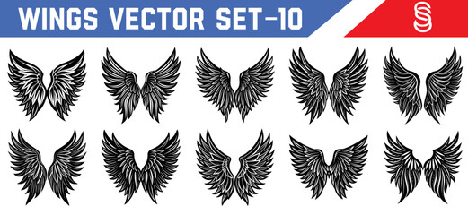 Mystical Angel Feather Clipart Set – Vector Black Wings for Fantasy Tattoo Designers and Gothic Art Creators.