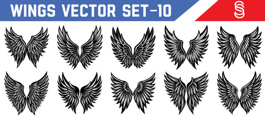 Black Angel Feather Wings Collection – Vector Illustrations for Tattoo Art, Gothic Design, and Fantasy Winged Creature Artwork.