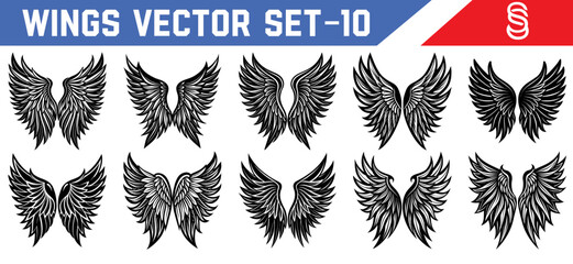 Mythical Gothic Black Wing Illustrations – Angel Wing Vector Bundle for Fantasy Tattoo Artists and Dark Digital Art Projects.