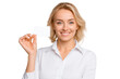 © Mr. Png - Smiling caucasian female adult holding blank card in white shirt, cut out