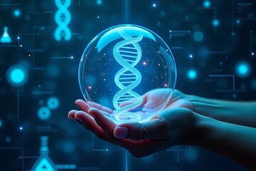 dna research and technology concept with hands holding dna molecule in a futuristic digital lab sett
