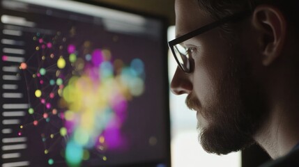 man intently analyzing complex data visualization on computer screen