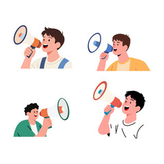 illustration of young man using loudspeaker