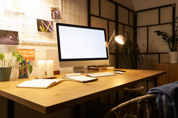 Wall Mural - workplace with blank computer monitor and glowing lamp in dark office interior