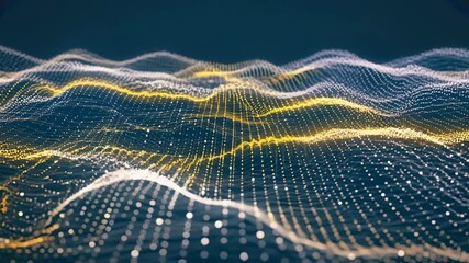 Vibrant 3D digital landscape made of glowing white, yellow dots connected in flowing wave patterns, symbolizing futuristic data networks, technology, artificial intelligence, dynamic information flow.