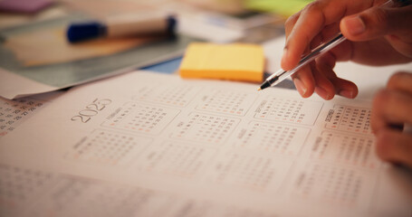 Aufkleber - Person, planning and hands writing on calendar for reminder, deadline update and time management. Goals, objective and closeup of schedule for tasks, appointment date and notes planner for agenda