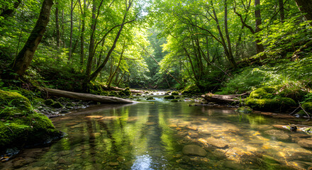  Tranquil stream flowing through lush green forest with sunlight filtering