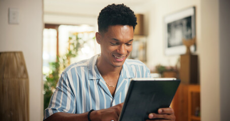 Aufkleber - Tablet, freelancer and scroll with man in home for virtual assistant, schedule appointment and admin platform. Remote worker, calendar update and research with person for feedback and newsletter