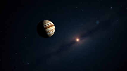 Wall Mural - A stunning high-resolution image depicts Jupiter in the vast expanse of space near a bright star and a nebula with a dark background full of stars.
