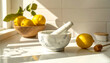 © MRSUTIN - Marble mortar, lemons, and honey on counter bathed in sunlight, ready for natural remedies or cooking.