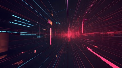 Digital network of glowing lines and shapes.