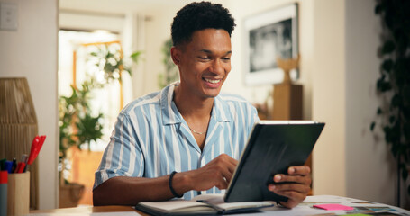 Fototapete - Tablet, freelancer and research with man in home for virtual assistant, schedule appointment and admin platform. Remote worker, calendar update and startup with person for feedback and newsletter