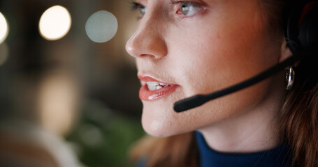 Aufkleber - Woman, agent and talking with mic in call centre at night for contact us, online assistance and advice. Person, headset and pc with instructions of solution, customer service and feedback in overtime