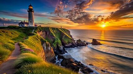 Wall Mural - coastal lighthouse at golden hour tranquil ocean waves and scenic sunset view