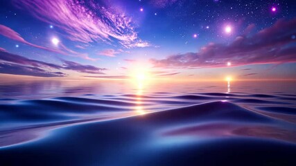 Wall Mural - tranquil ocean waves reflect a vibrant, starry sunset in a dreamy ethereal landscape.
