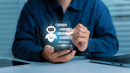 Wall Mural - ai chatbot, artificial intelligence. a person uses a smartphone with a holographic ai chatbot interf