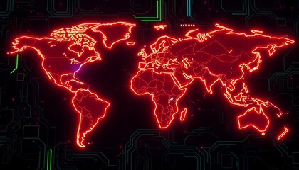 Wall Mural - glowing neon continents on dark tech background; ample copy space, illustration, space
