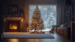 © ProPhotos - A Christmas tree decked with lights and glass ornaments standing in a cozy living room, a crackling fireplace nearby, and soft snow falling outside the window, illuminating the room.