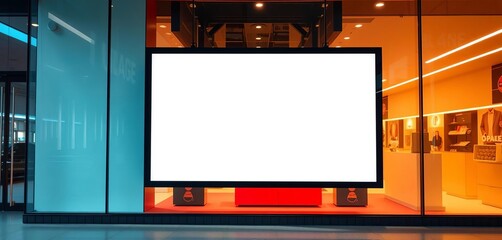 Wall Mural - Empty billboard in modern shop window, ready for advertisement, communication, minimalist