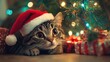 © ProPhotos - A cute cat, wearing a Santa hat and lying under a Christmas tree, surrounded by colorful lights and wrapped presents. Its eyes shine with holiday joy.