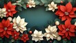 © smalltinykid - red and cream poinsettia flowers with green leaves and red and gold berries arranged in a festive wreath on a dark green background