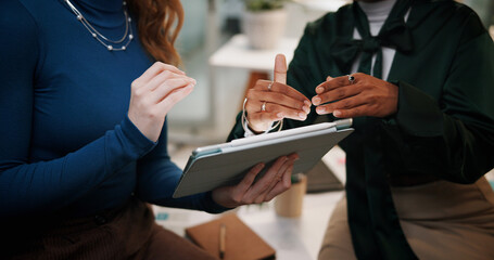 Fototapete - Business people, hands or discussion with tablet at night for project deadline or research at office. Closeup, employees or colleagues working late on technology for design strategy, review or report