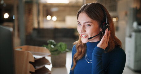 Aufkleber - Woman, talk and computer in call centre at night for contact us, online assistance and advice. Smile, agent and headset for consultation, customer service and feedback of technical guide for overtime