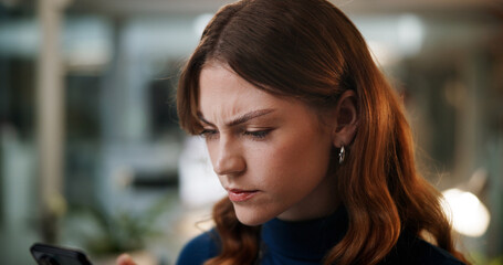 Aufkleber - Night, woman and confused with phone for business, incorrect password and spam notification in office. Employee, overtime and mobile in workplace with network error, missed email or reading fake news