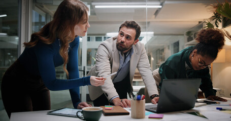 Aufkleber - Discussion, meeting or business people planning for teamwork, collaboration or investment at night. Manager, tech or financial advisor in dark office for corporate project, budget or risk management