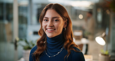 Aufkleber - Happy, night and portrait of businesswoman in office with confidence for creative career. Smile, professional and face of female magazine editor from London with pride for journalism in workplace.