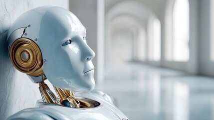Positive thinking in strategy with belief and entrepreneur concept. Futuristic robot resting in a modern, minimalist environment.