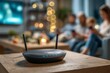 © Sanja - The focus on the Wi-Fi router in the foreground with the family using the devices in the background suggests connectivity, entertainment and modern family life with the Internet.