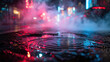 © AiiNa - Hazy Neon Reflections in Puddles on a Rainy Street at Night