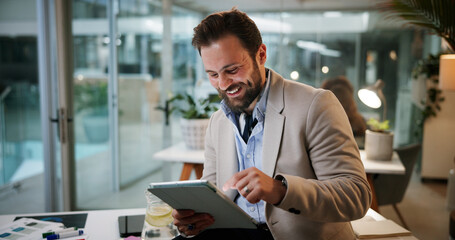 Aufkleber - Office, businessman and scroll with tablet for reading, news information and blog post at night. Late, male person and copywriter with technology for research, article website and smile for deadline