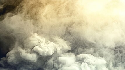 Poster - Ethereal Cloudscape: A dreamlike panorama of swirling smoke and muted golden light, a captivating dance of opacity and illumination.