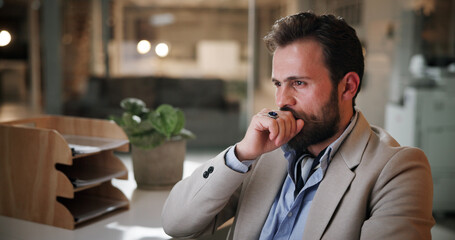 Aufkleber - Office, night and businessman with thinking for solution, finance project or eyes reflection of computer. Late, male person and financial consultant with deadline for problem solving, ideas or review