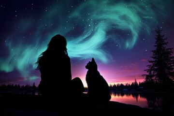 Wall Mural - cat silhouette photography aurora woman sky.