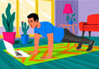 © Westend61 - Illustration of a person doing a plank exercise at home with a laptop in a colorful living room