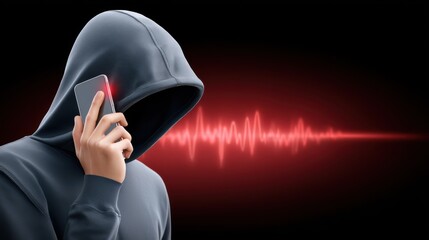 A hooded figure with a digital face pattern listening to a smartphone voice signal, symbolizing cyber or mobile phone deception.